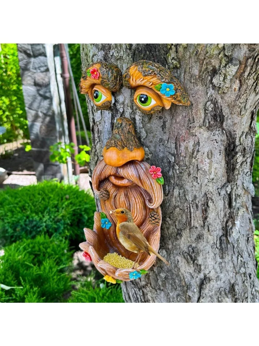 Whimsical Tree Face Decor with Flowers - Outdoor Garden Hugger Statue Art